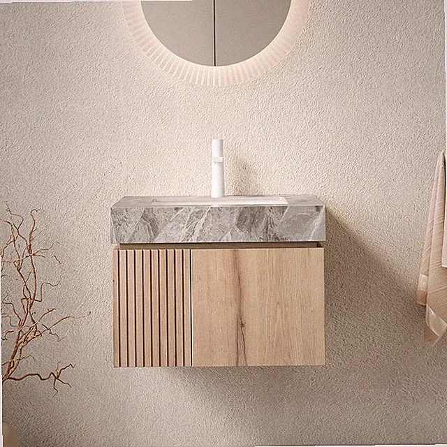 24" Bathroom Vanity Sink Floating Plywood Cabinet Light Gray Sintered Stone Top