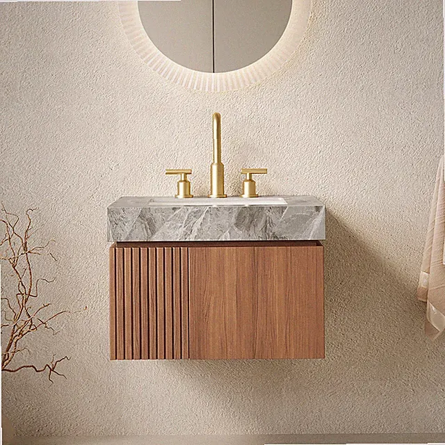 24" Bathroom Vanity Sink Floating Plywood Cabinet Sintered Stone Top Gray