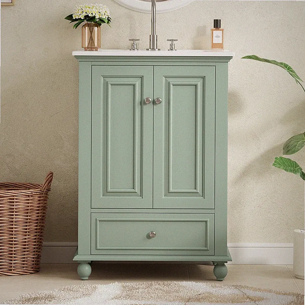 24 Inch Green Bathroom Vanity with Ceramic Sink Solid Wood MDF Cabinet