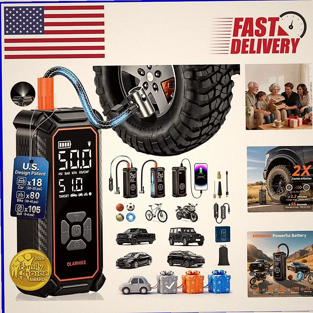 6000mAh Tire Inflator with LED Display - Quick Inflation for Cars & Bikes