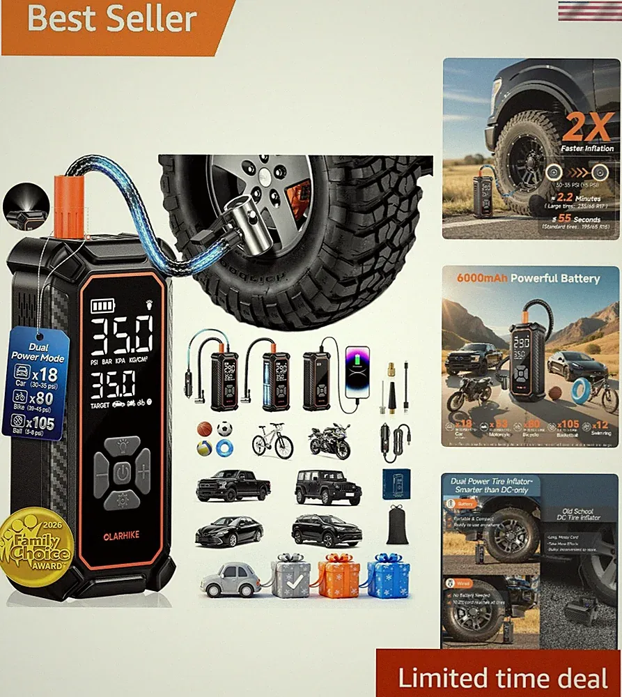 Dual Power Tire Inflator, Rapid 150PSI Pump for Cars, Bikes & Motorcycles