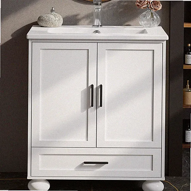 Elegant 24" White Bathroom Vanity with Ceramic Sink & Solid Wood Legs