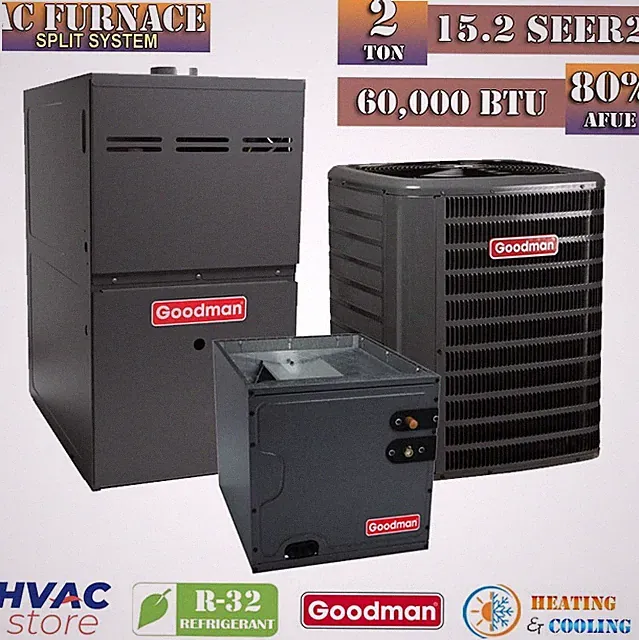 Goodman 2 Ton 15.2 SEER2 AC & Gas Furnace System 80% AFUE 60K BTU Vertical R32